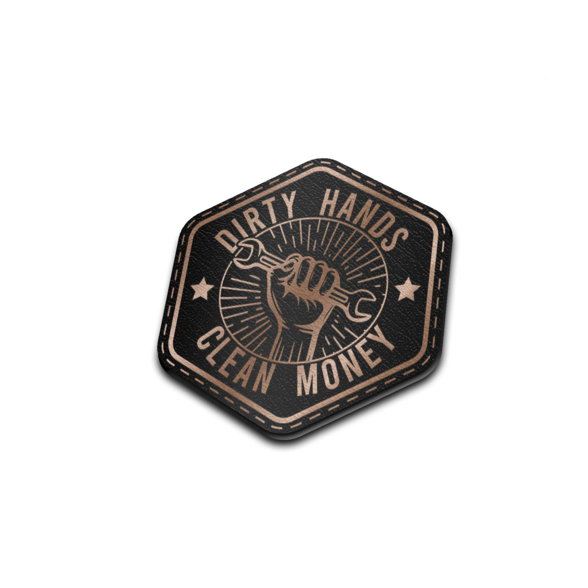 Dirty Hands Clean Money - American Bison Design Co. - blue collar, dirty hands, hand, Iron, Leather, mechanic, money, On, Patch, Pre made, Premade, work, working class, wrench