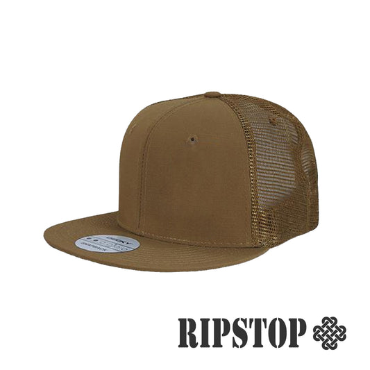 DECKY // Yukon +RS - American Bison Design Co. - coyote, Custom, Decky, desert, Flat, Hat, Heather, khaki, Leather, Mesh, Patch, ripstop, Snap, tan, Trucker