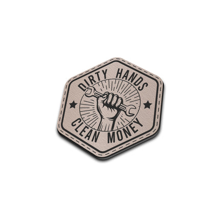 Dirty Hands Clean Money - American Bison Design Co. - blue collar, dirty hands, hand, Iron, Leather, mechanic, money, On, Patch, Pre made, Premade, work, working class, wrench