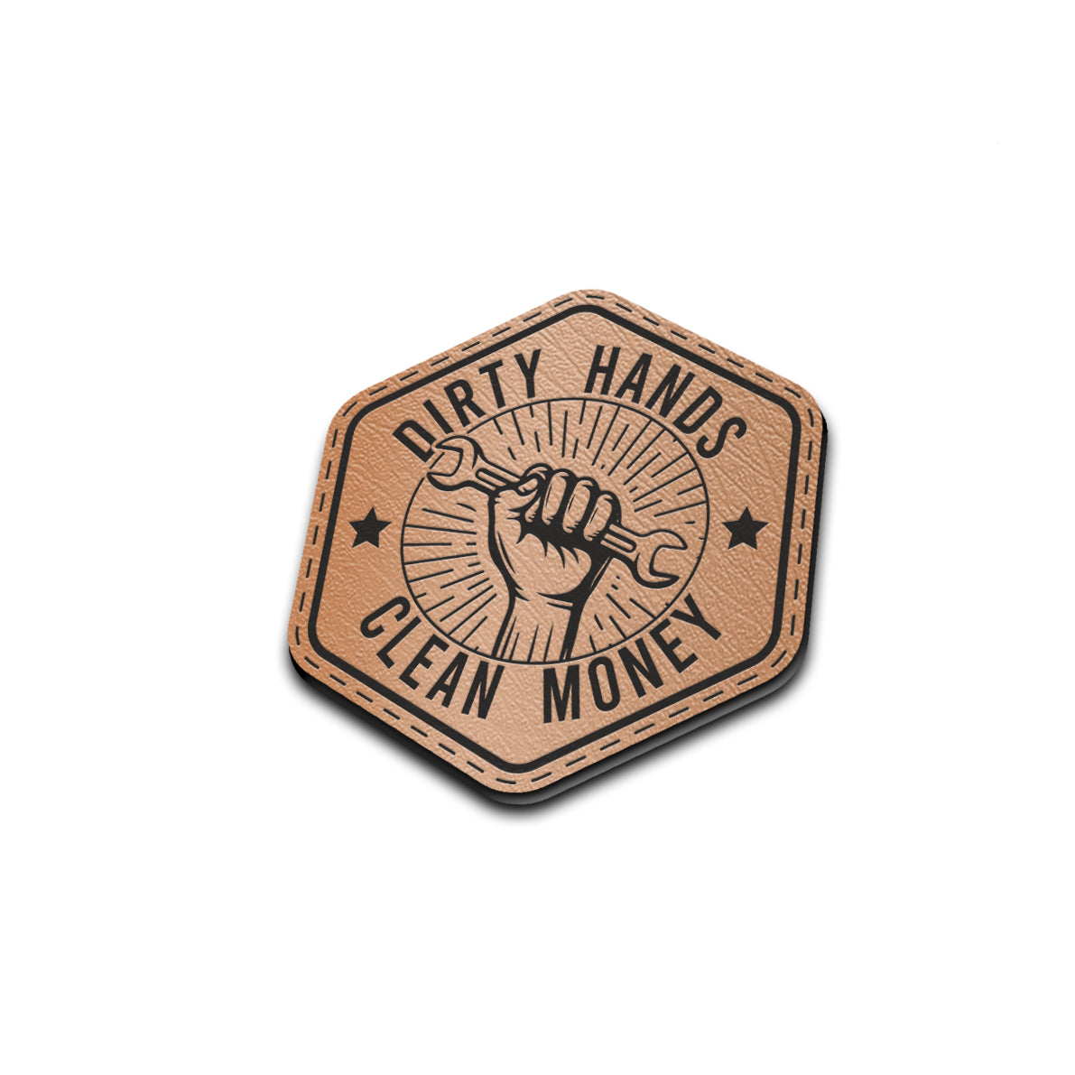 Dirty Hands Clean Money - American Bison Design Co. - blue collar, dirty hands, hand, Iron, Leather, mechanic, money, On, Patch, Pre made, Premade, work, working class, wrench